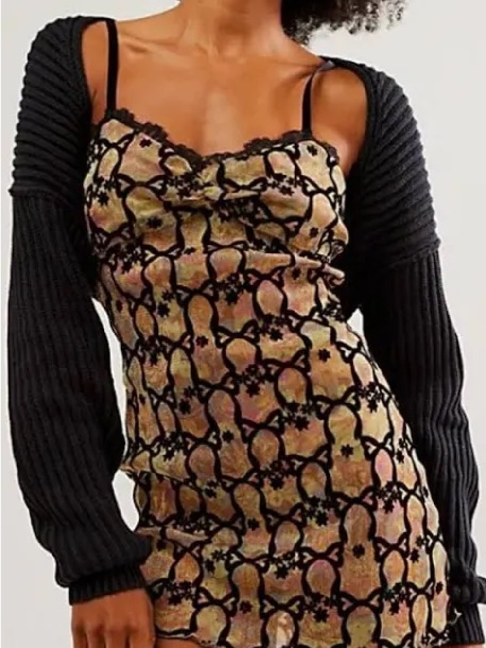 Velvet Burnout Slip Dress with Black Knit Shrug